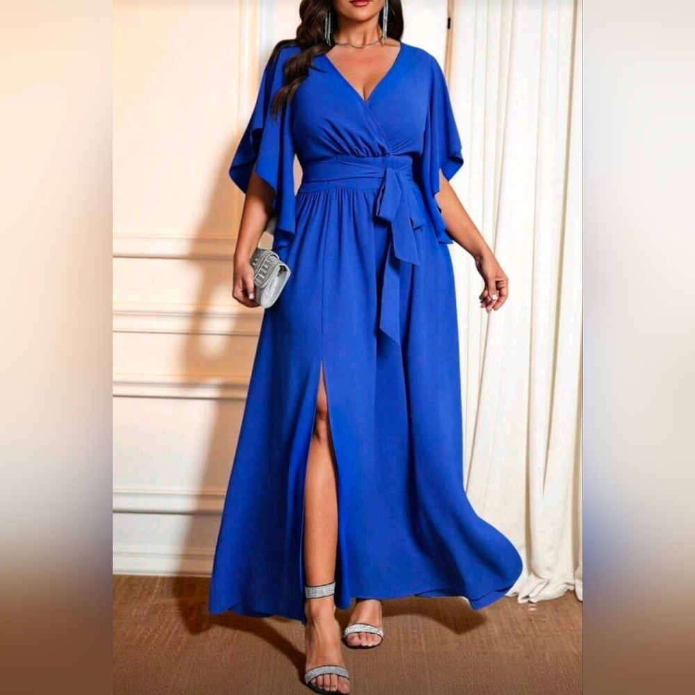 New Flowy Wrap Top Banded Waist Maxi Dress Belt Tie PLUS Blue - Picture 5 of 7